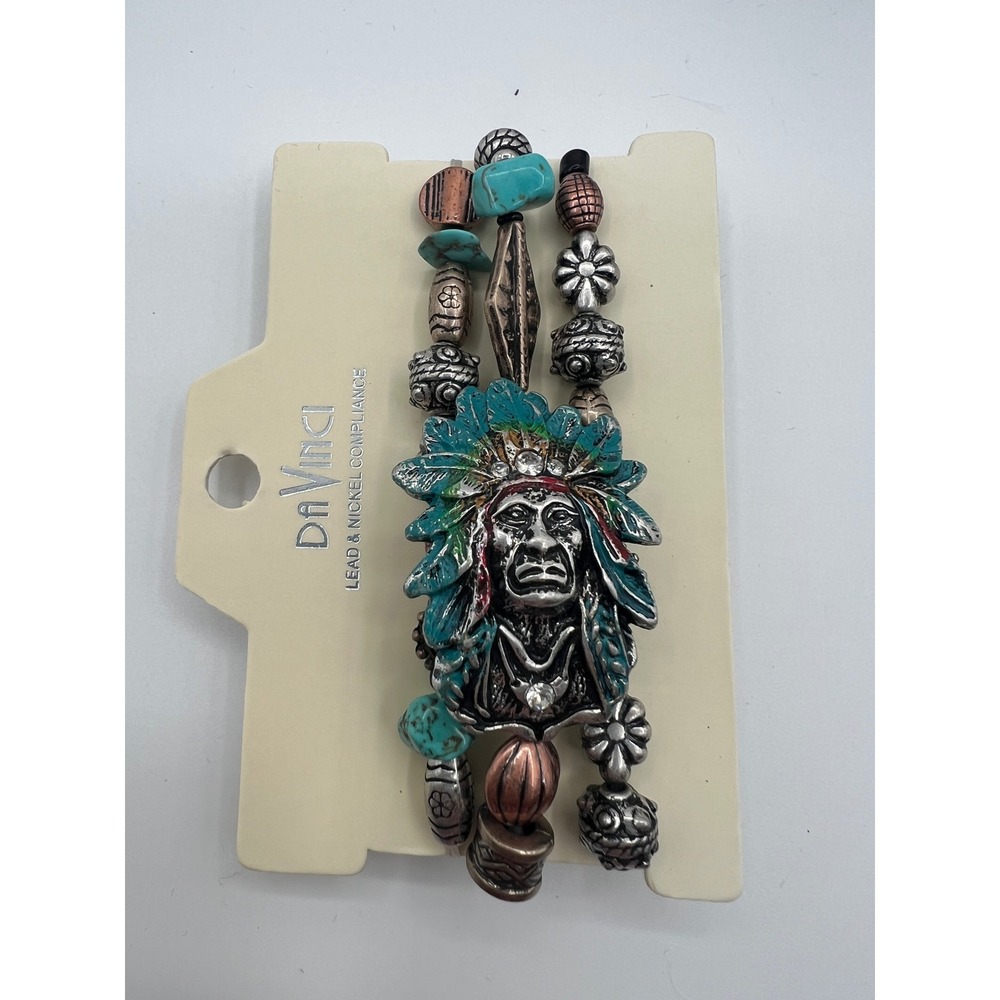 DaVinci Native American Chief Bead Bracelet Set Turquoise Copper Boho Rodeo Wear